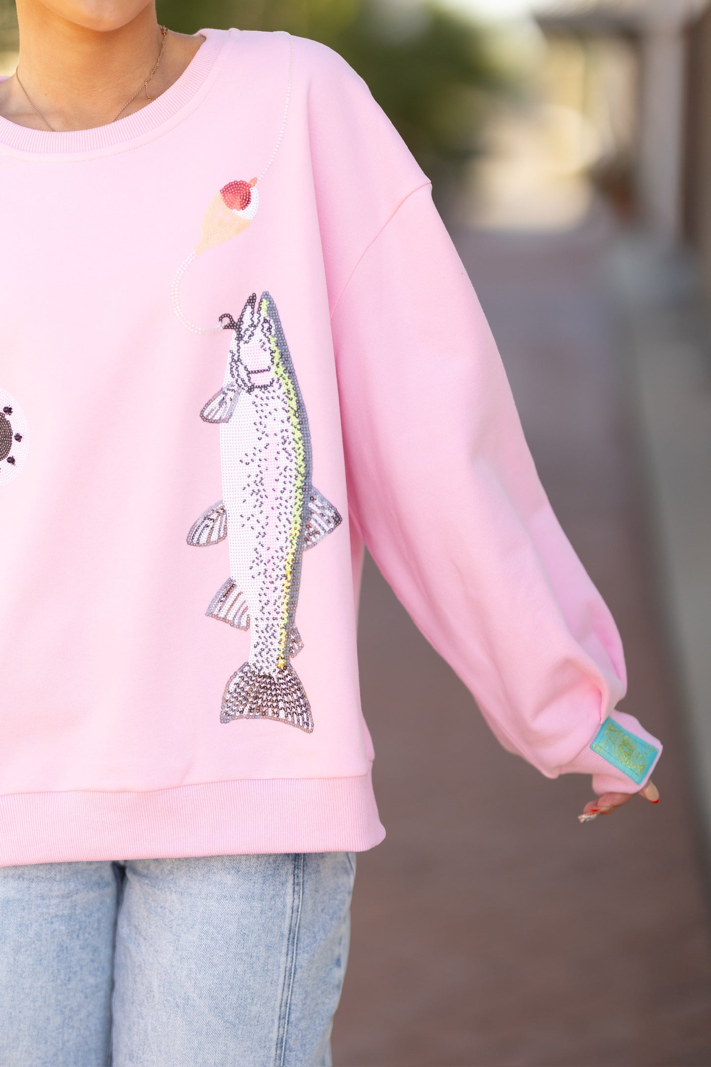 QOS Pink Fishing Pole W/ Hooked Fish Sweatshirt