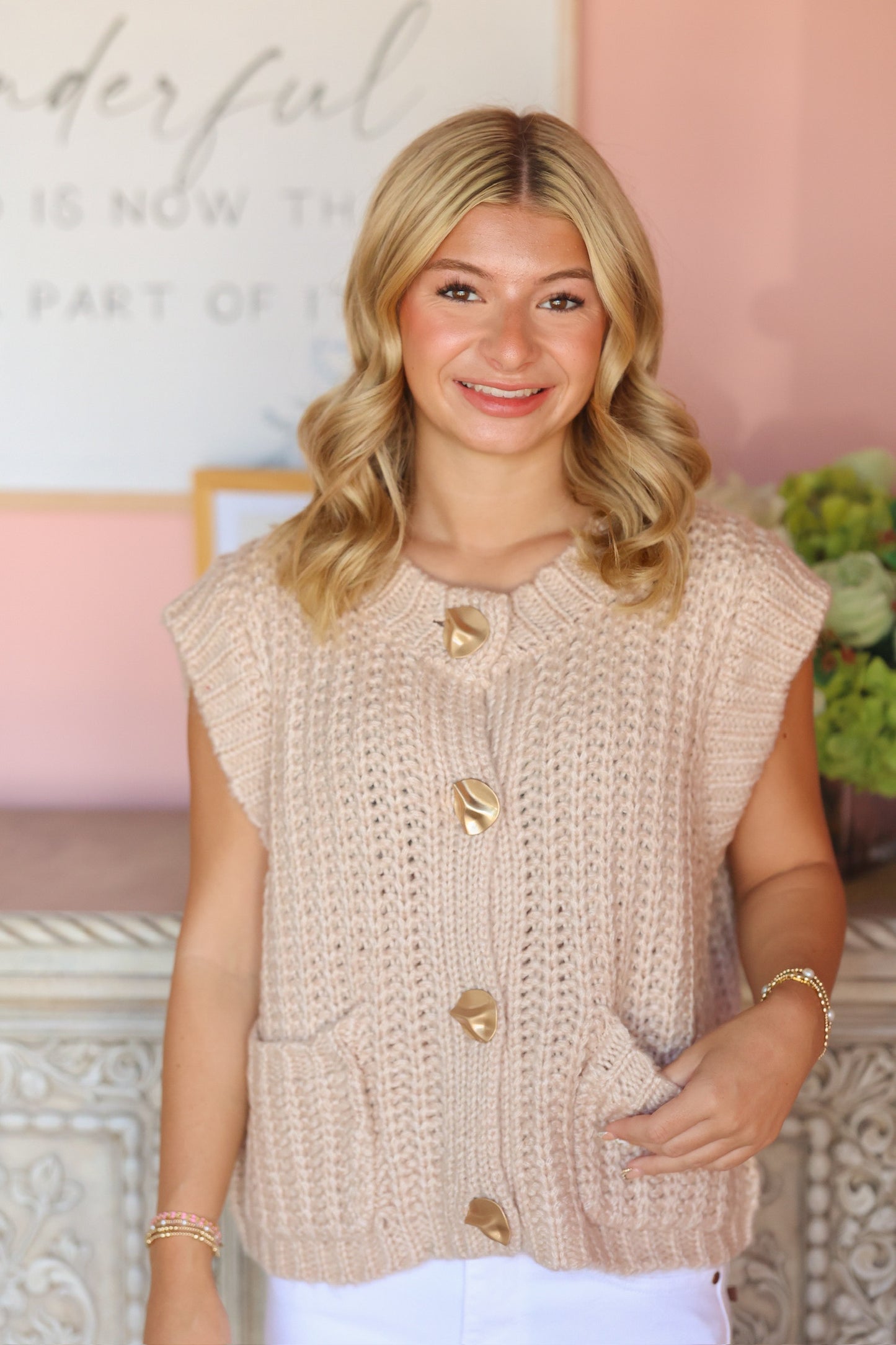 Tan Button Down Sweater Top