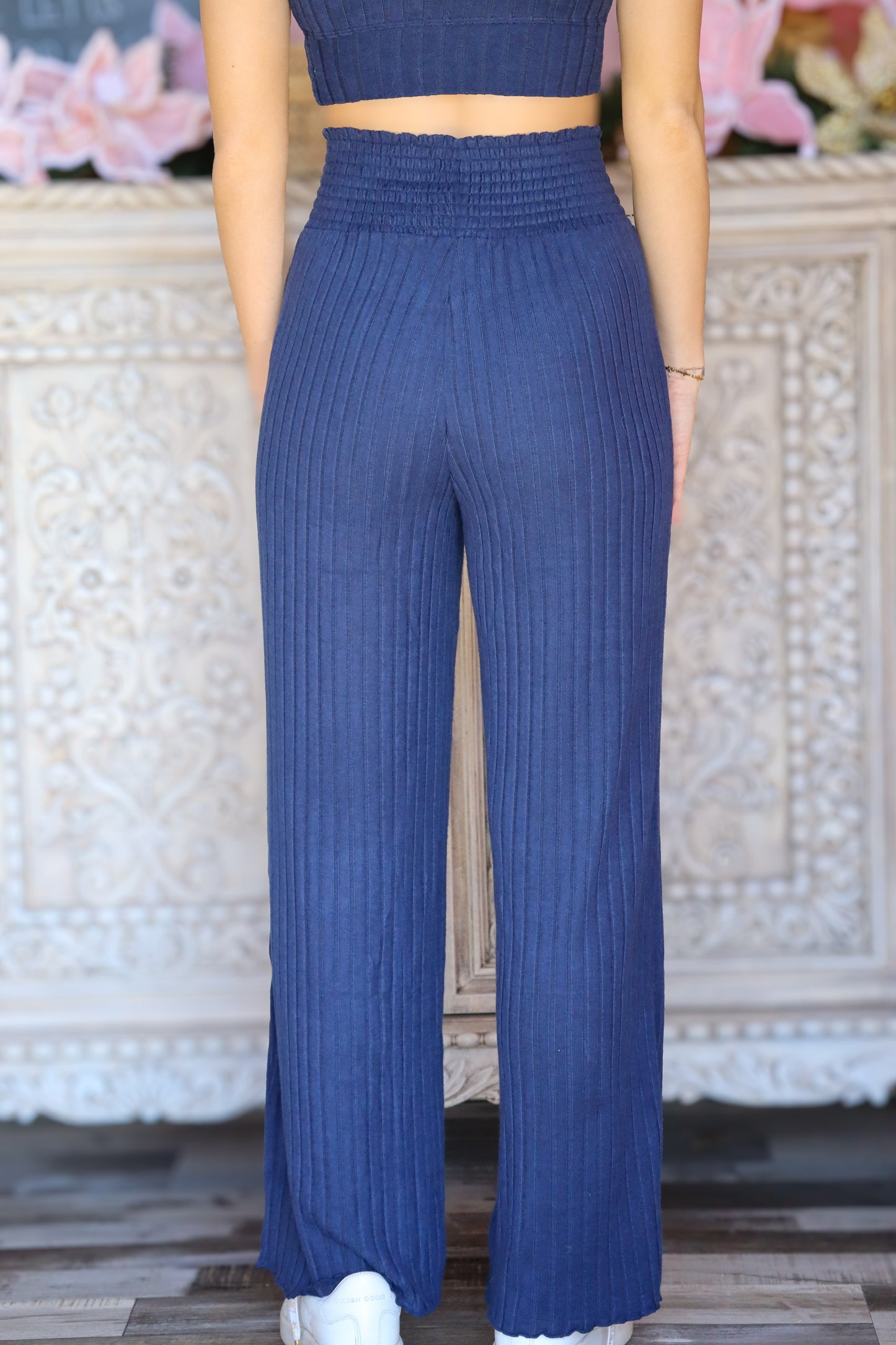 Navy Dawn Smocked Ribbed Pant