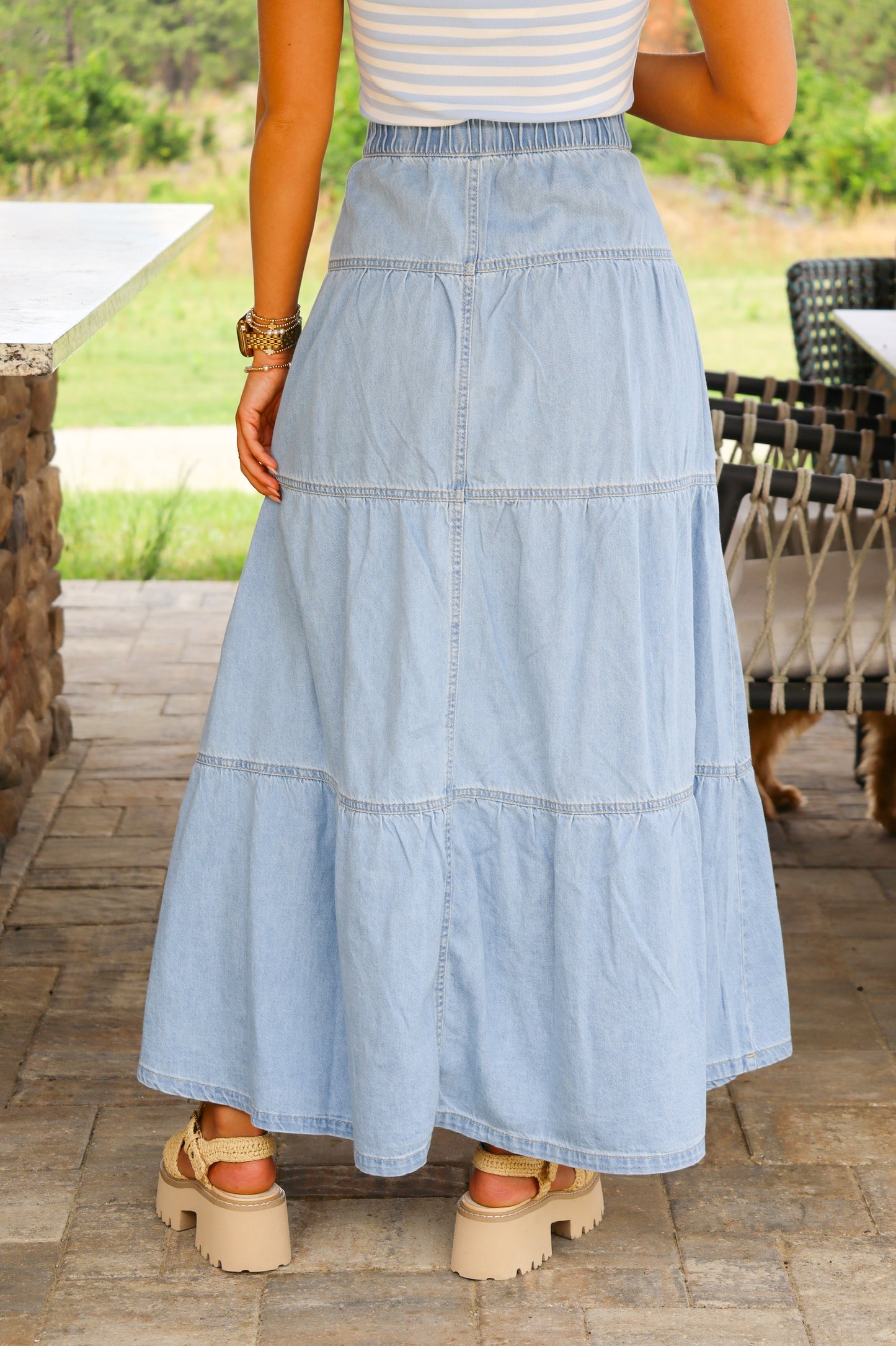 High Rise Ruffle Denim Maxi Skirt
