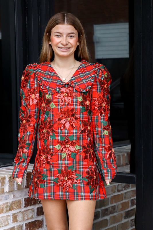 QOS Red Plaid Poinsettia Dress