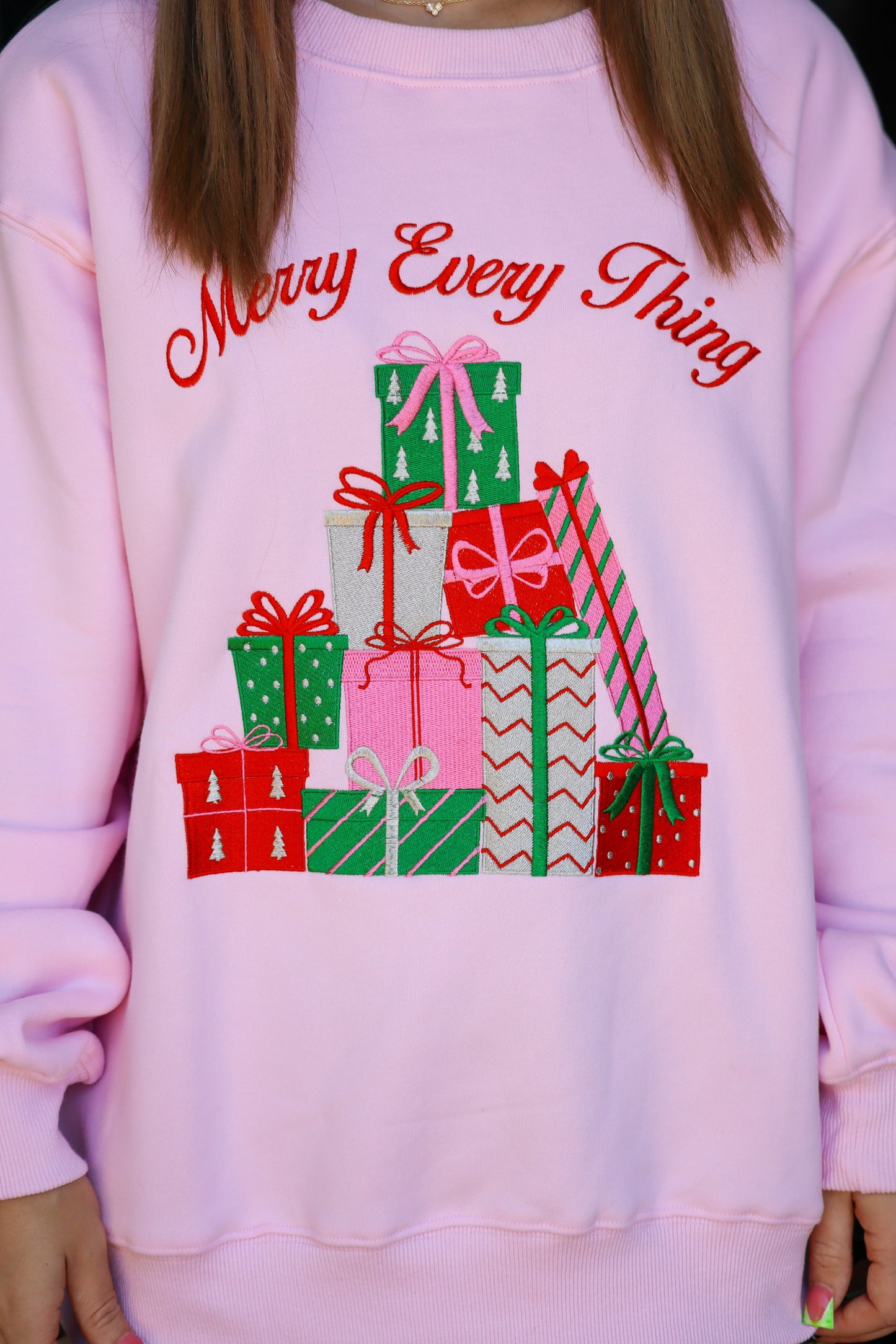 "Merry Every Thing" Embroidered Pink Sweatshirt