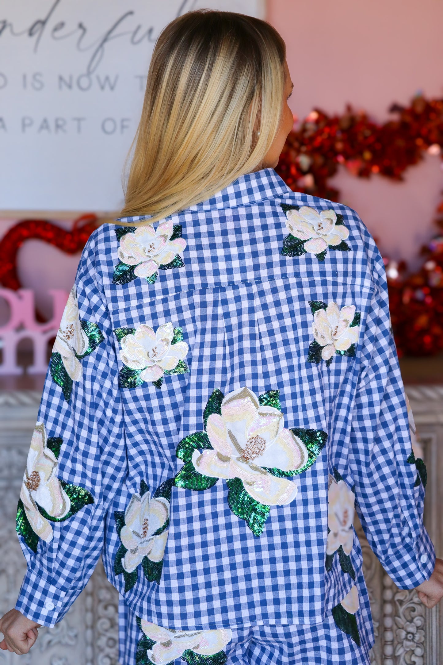 QOS Blue & White Scattered Magnolia Button Up