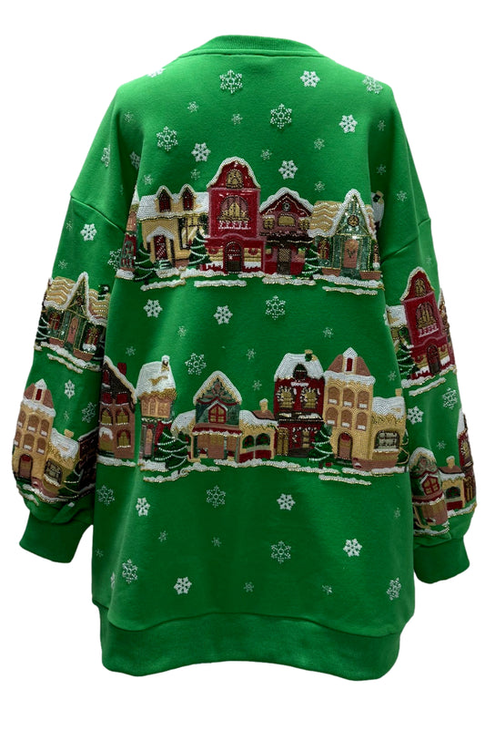 QOS Green Snowy Village Sweatshirt Dress