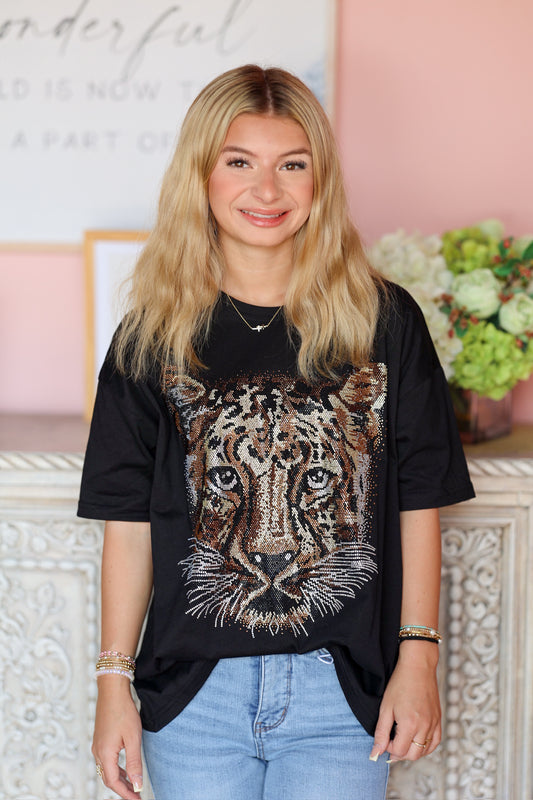 Black Rhinestone Cheetah Tee