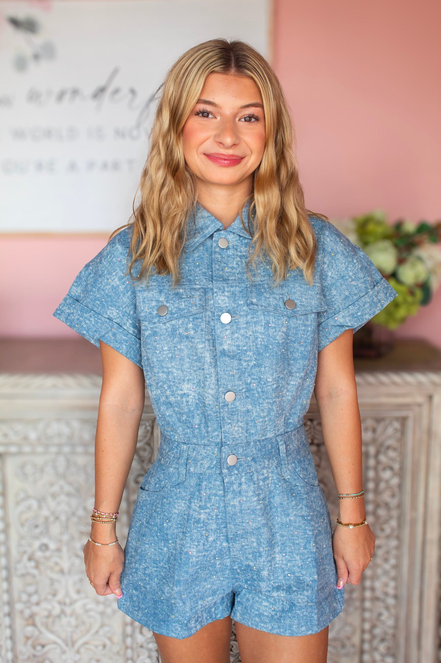 Sparkly denim romper