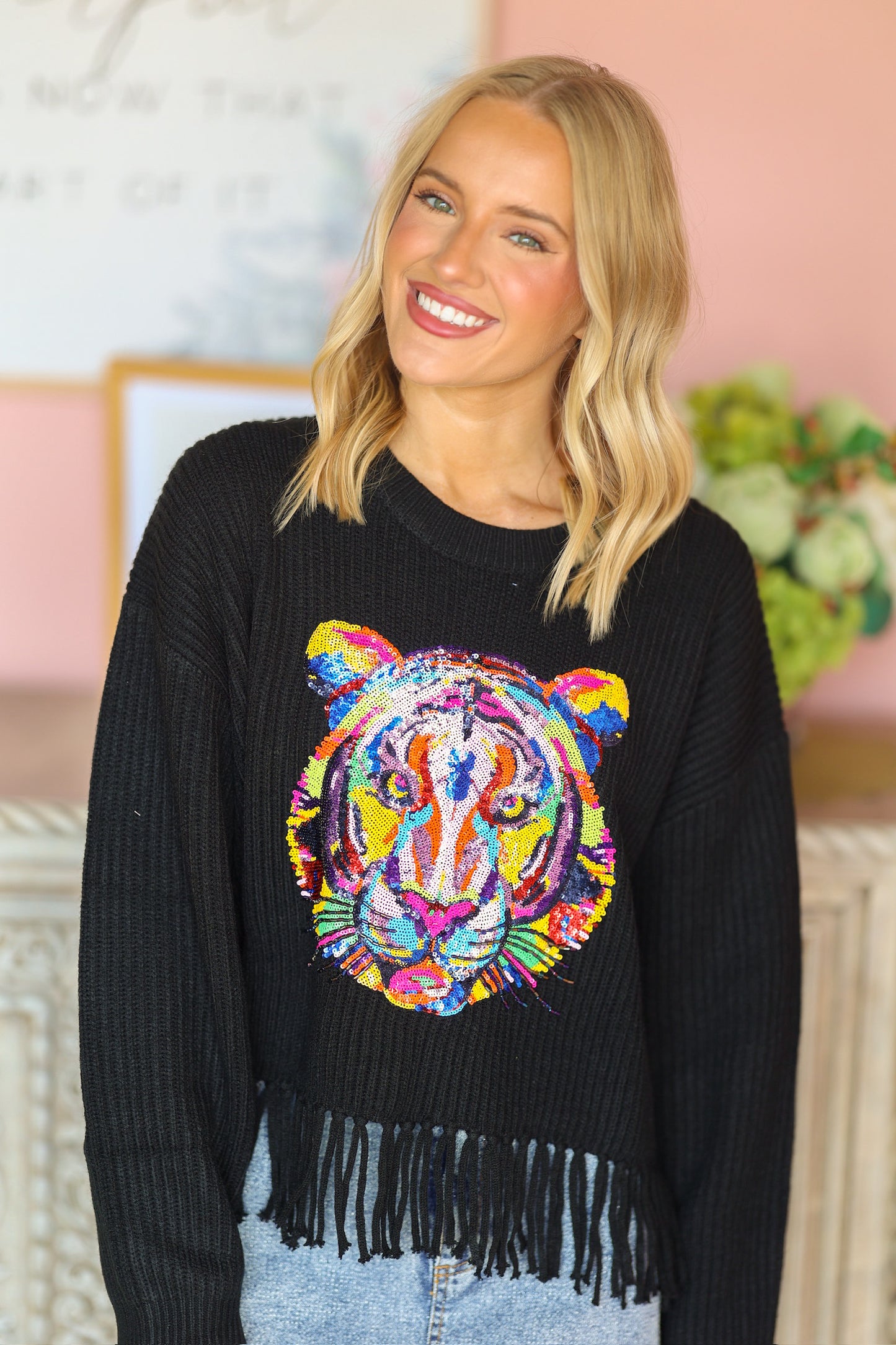 QOS Black Fringe Sweater Rainbow Tiger Head