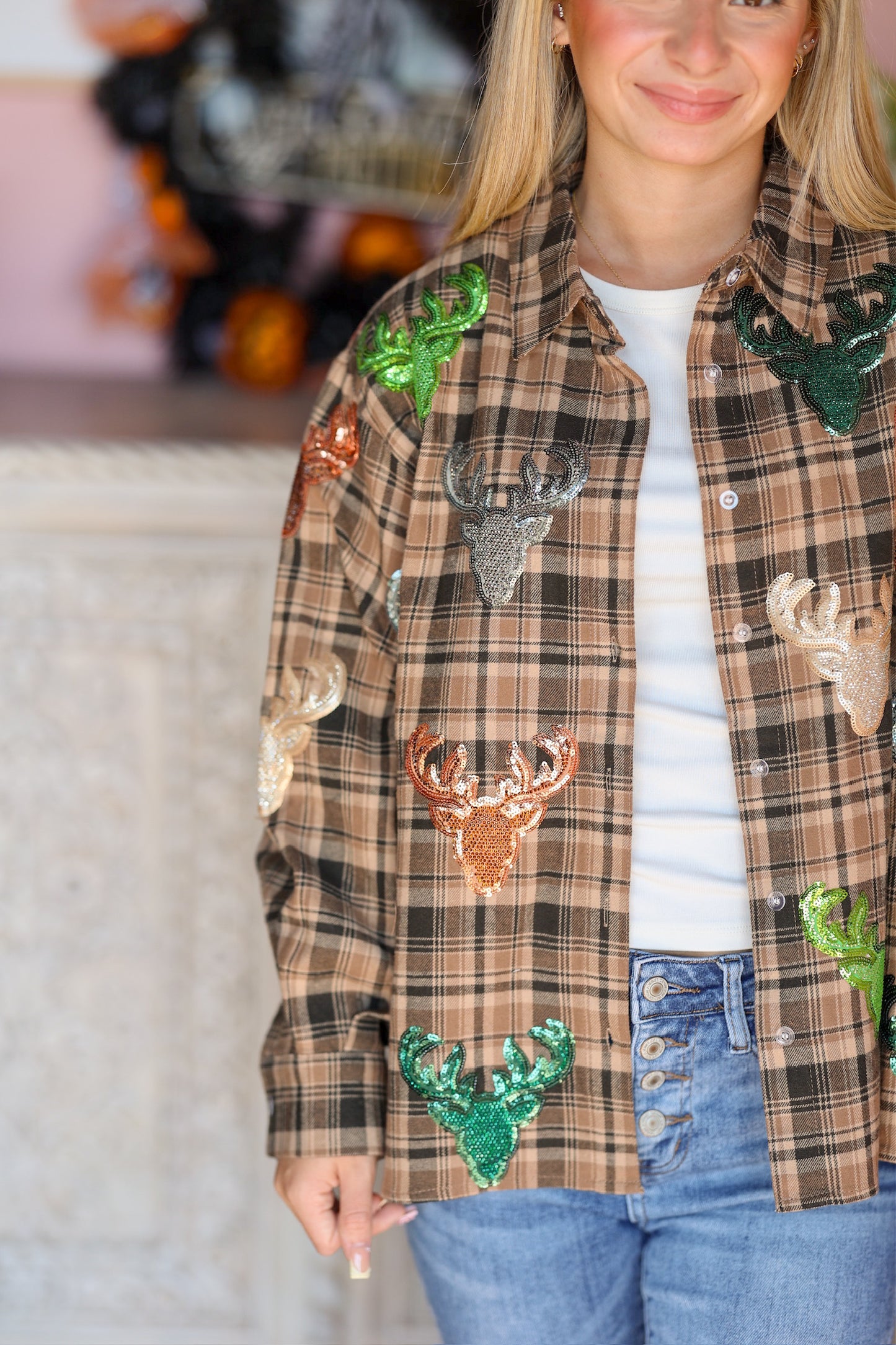 QOS Plaid Deer Button Up