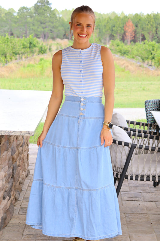 High Rise Ruffle Denim Maxi Skirt