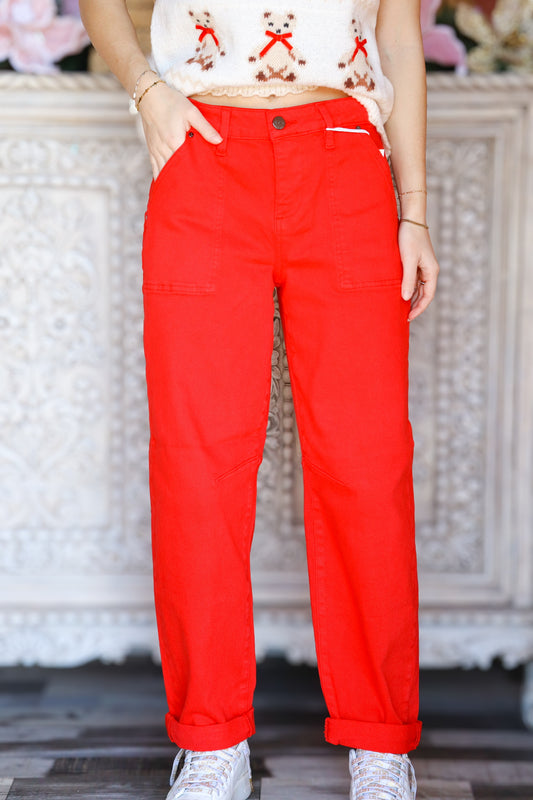 Scarlet high rise barrel jean