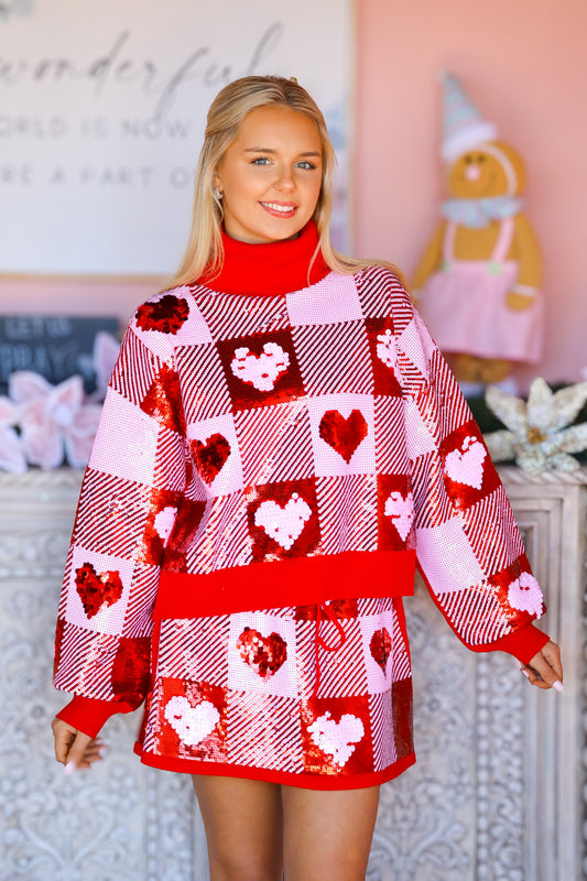 Sequin Hearts Plaid Skirt