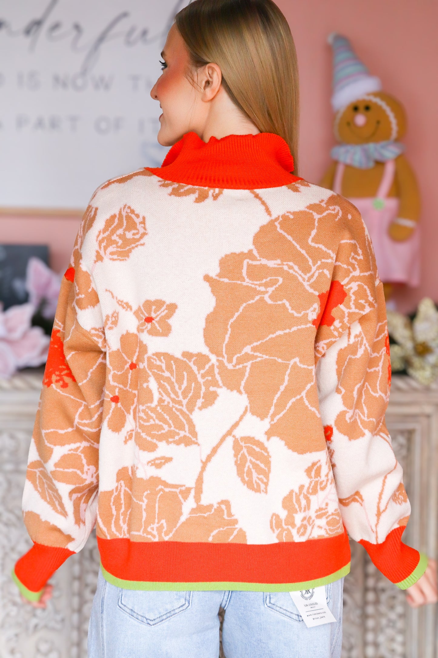 Orange Taupe Half Zip Floral Sweater