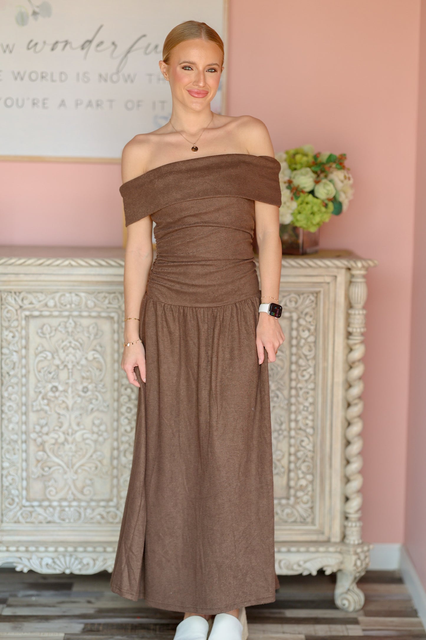 Off The Shoulder Brown Midi Dress