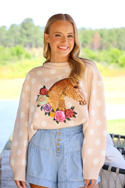QOS Tan Polka Dot Horse Sweater
