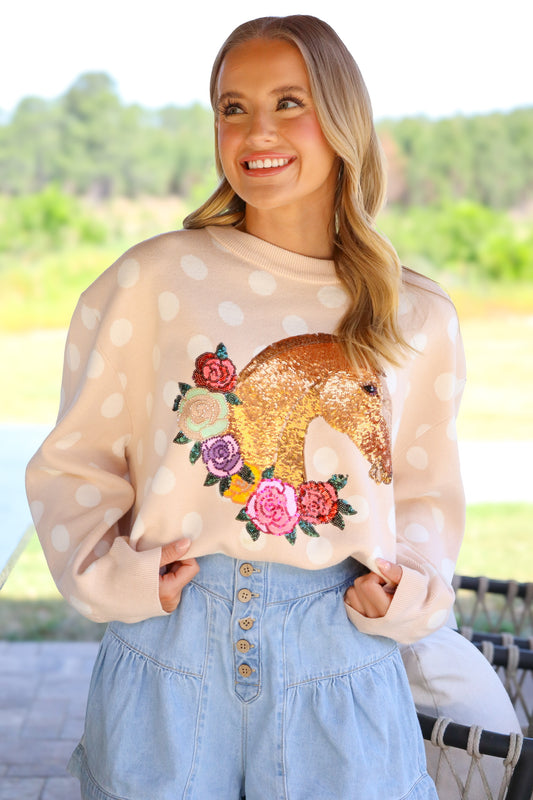 QOS Tan Polka Dot Horse Sweater