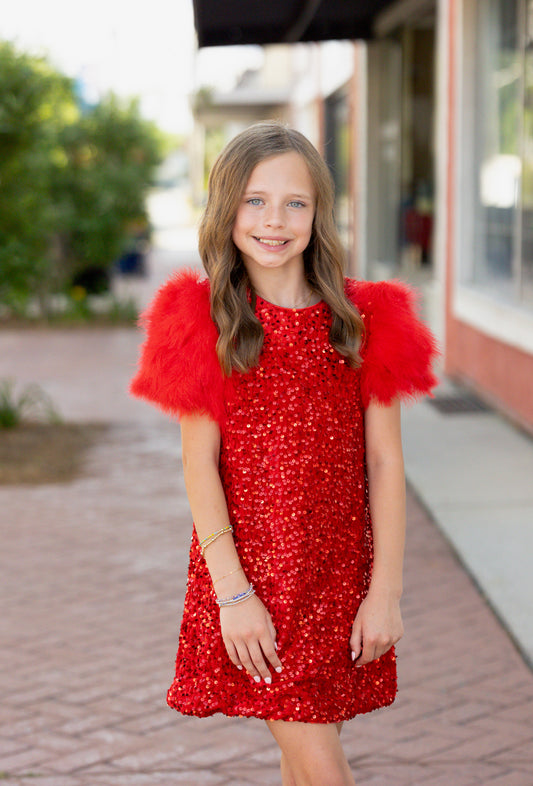 kids red feather dress