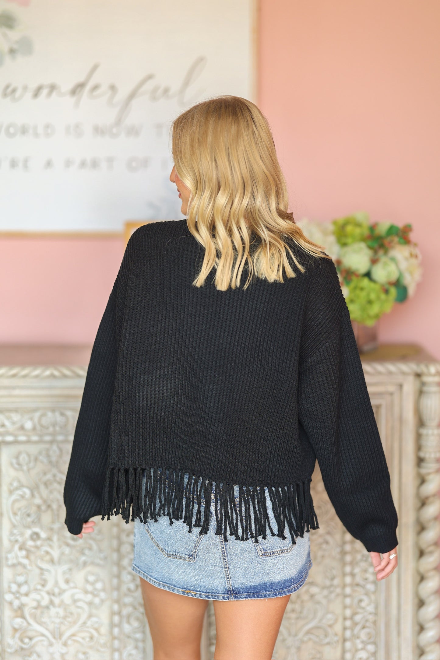 QOS Black Fringe Sweater Rainbow Tiger Head