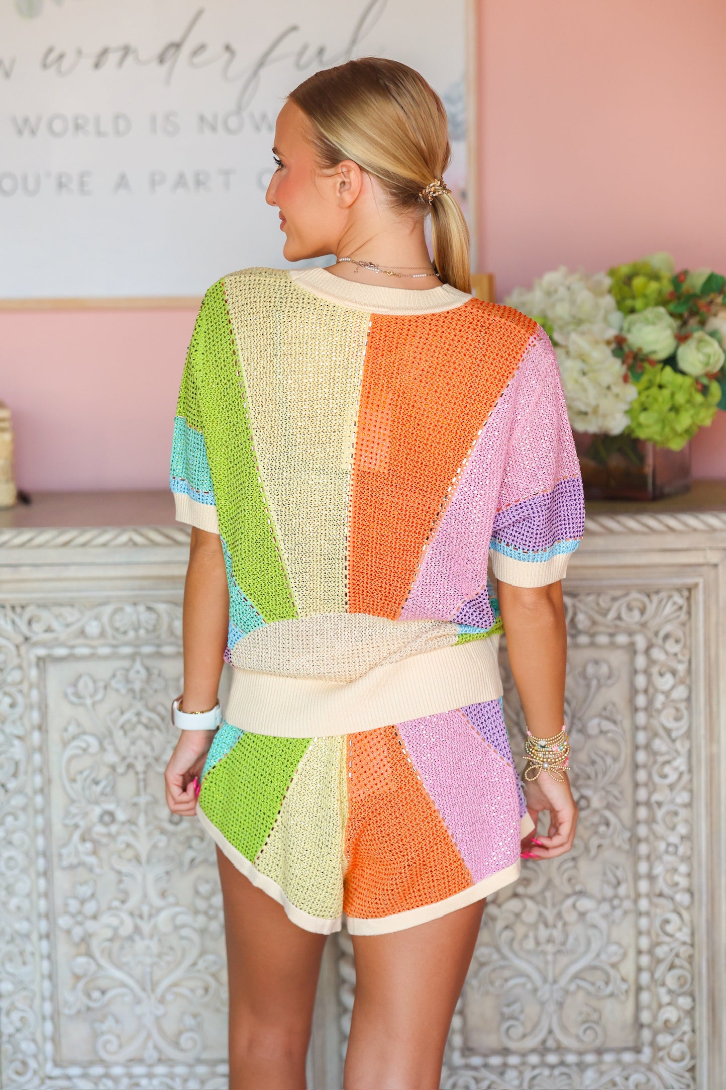 QOS Muted Rainbow Rhinestone Sunshine Short Sleeve Sweater
