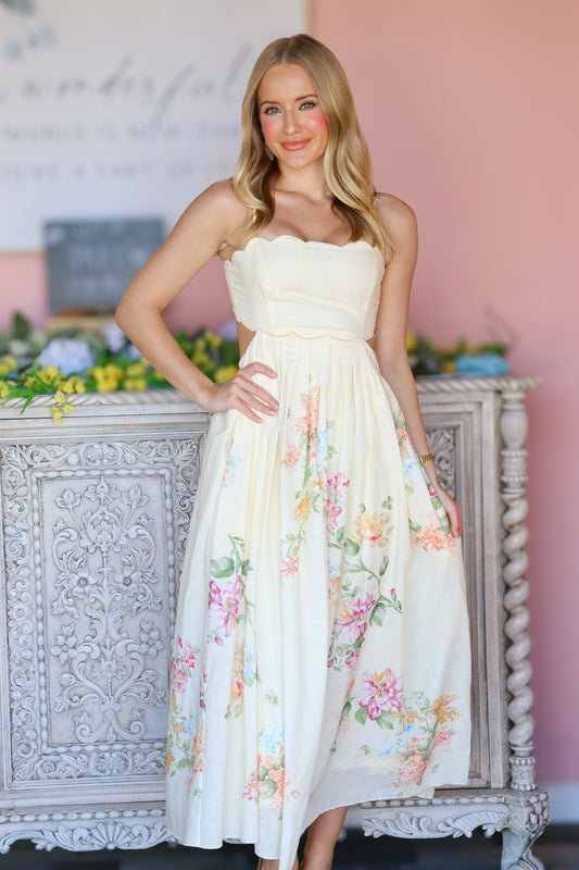 Linen Flower Print Scallop Midi Dress