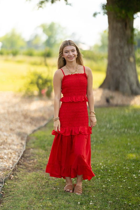Red Smocked Maxi Dress