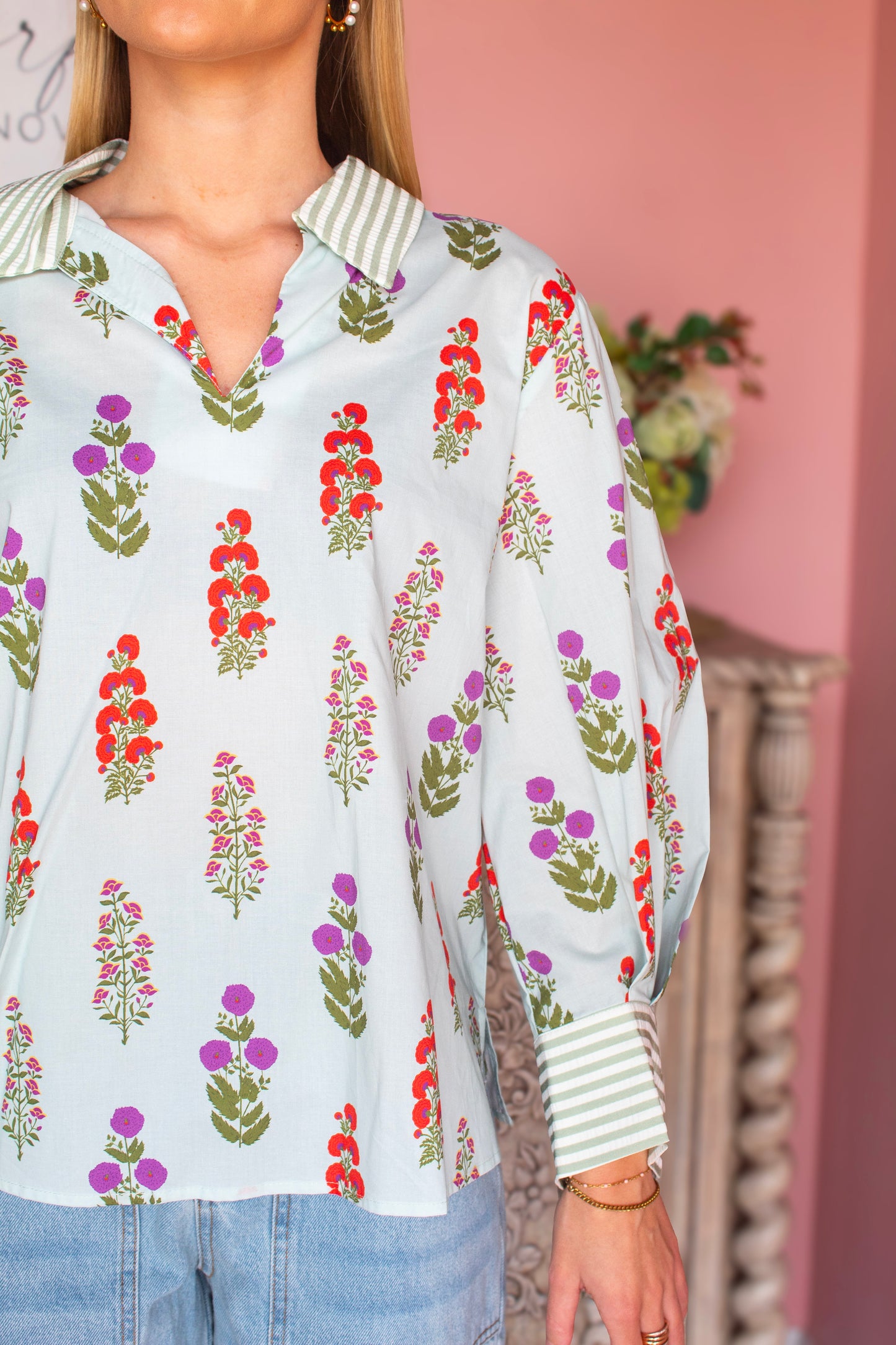 Minty Floral V-Neck Top