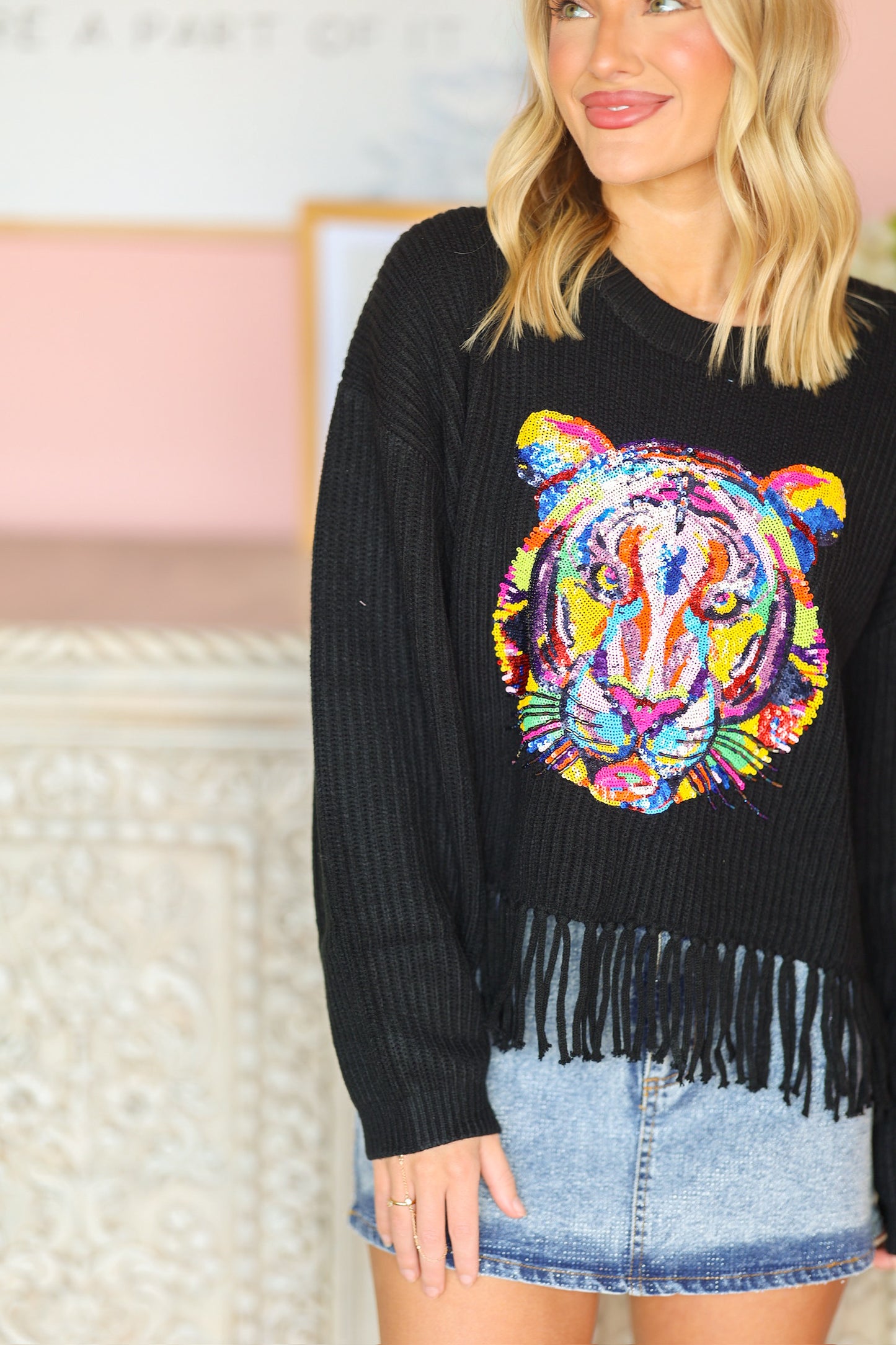 QOS Black Fringe Sweater Rainbow Tiger Head