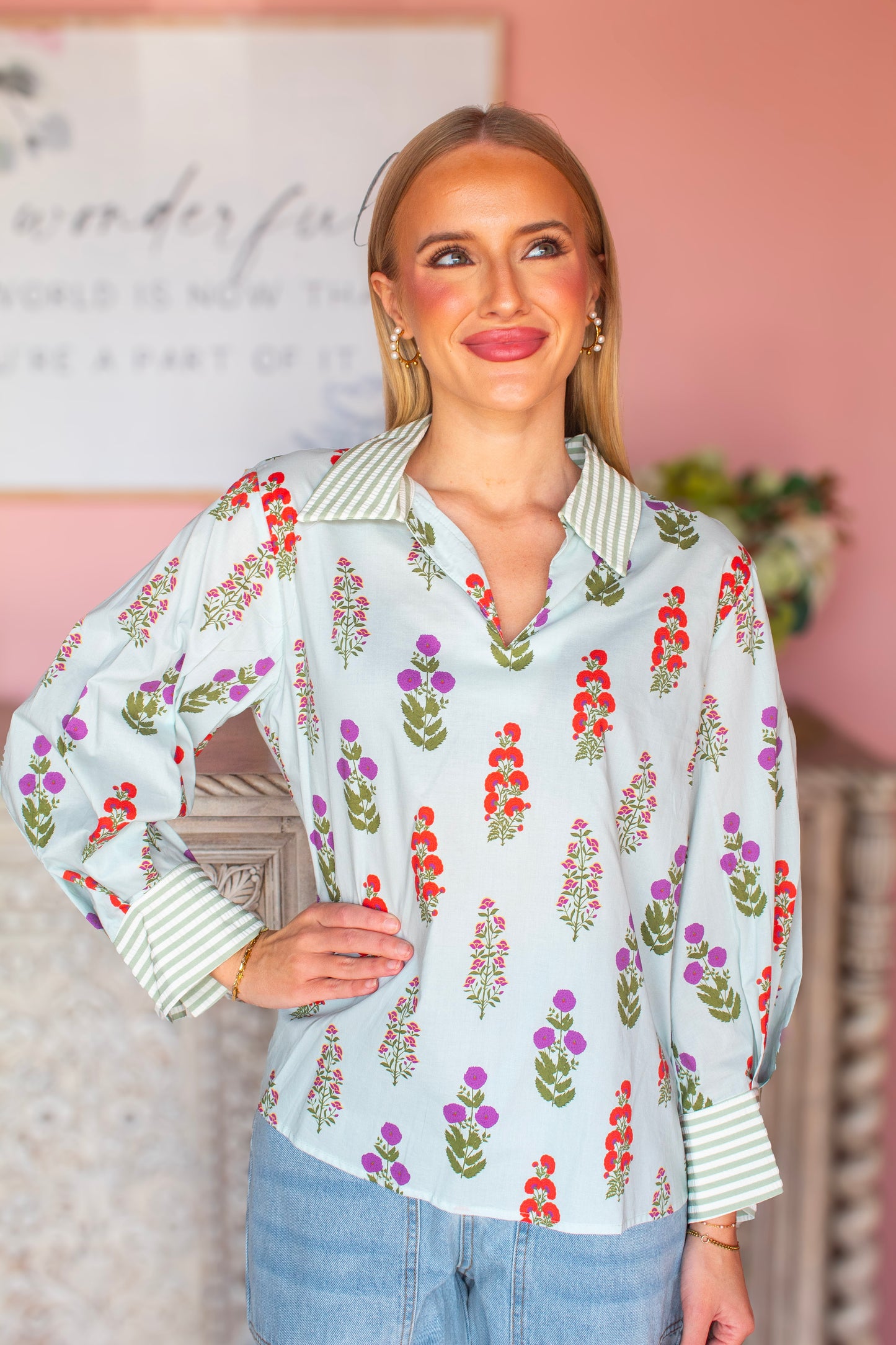 Minty Floral V-Neck Top