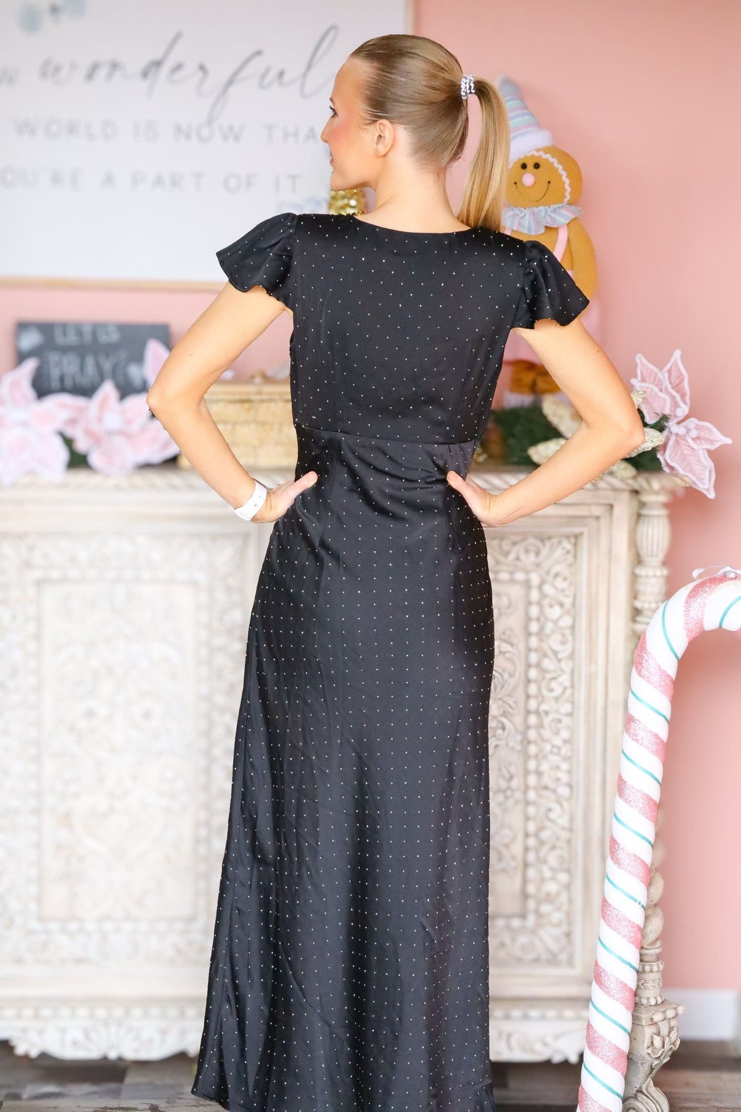 Black Rhinestone Satin Maxi Dress