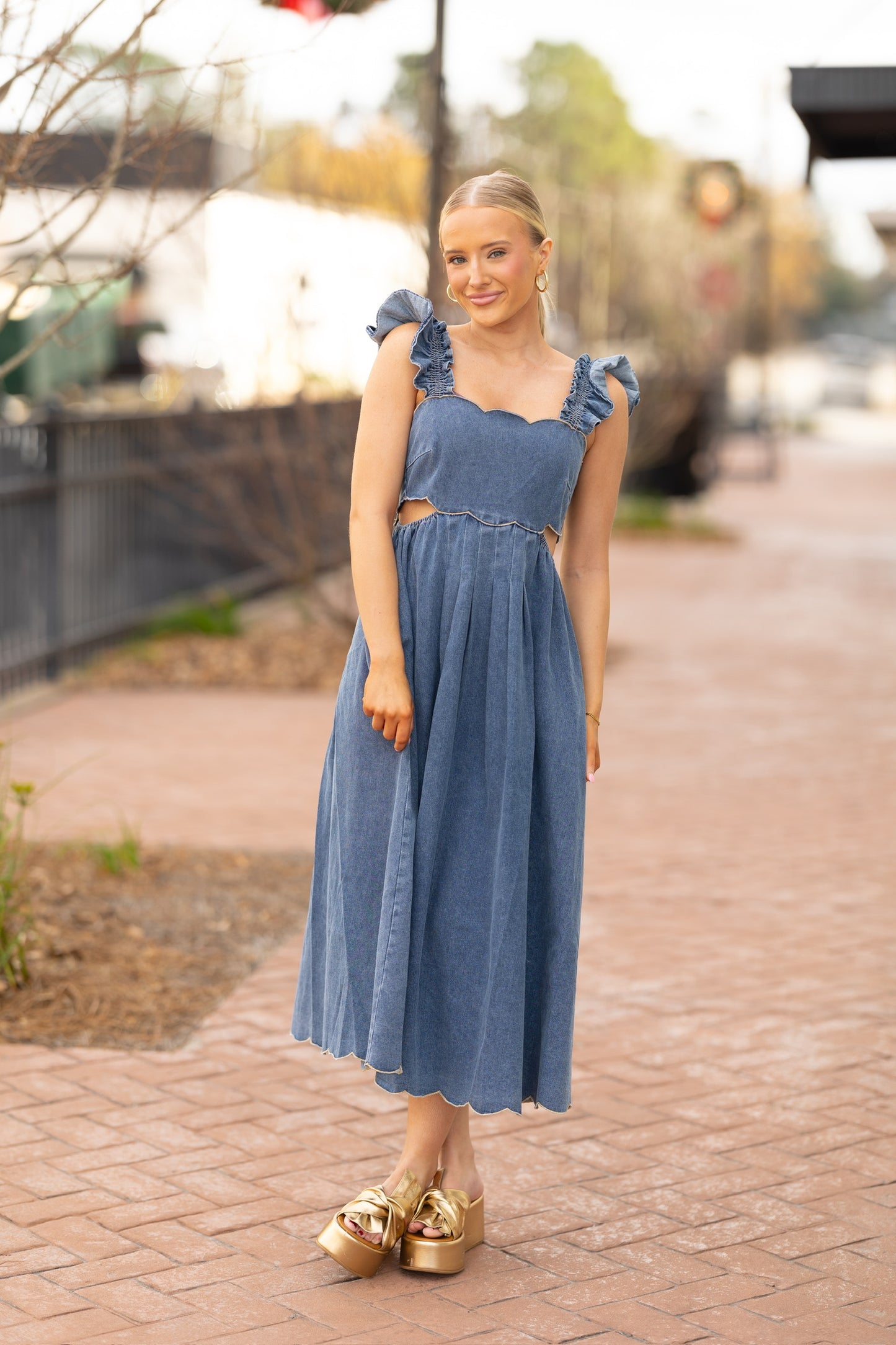 Denim Cut Out Midi Dress