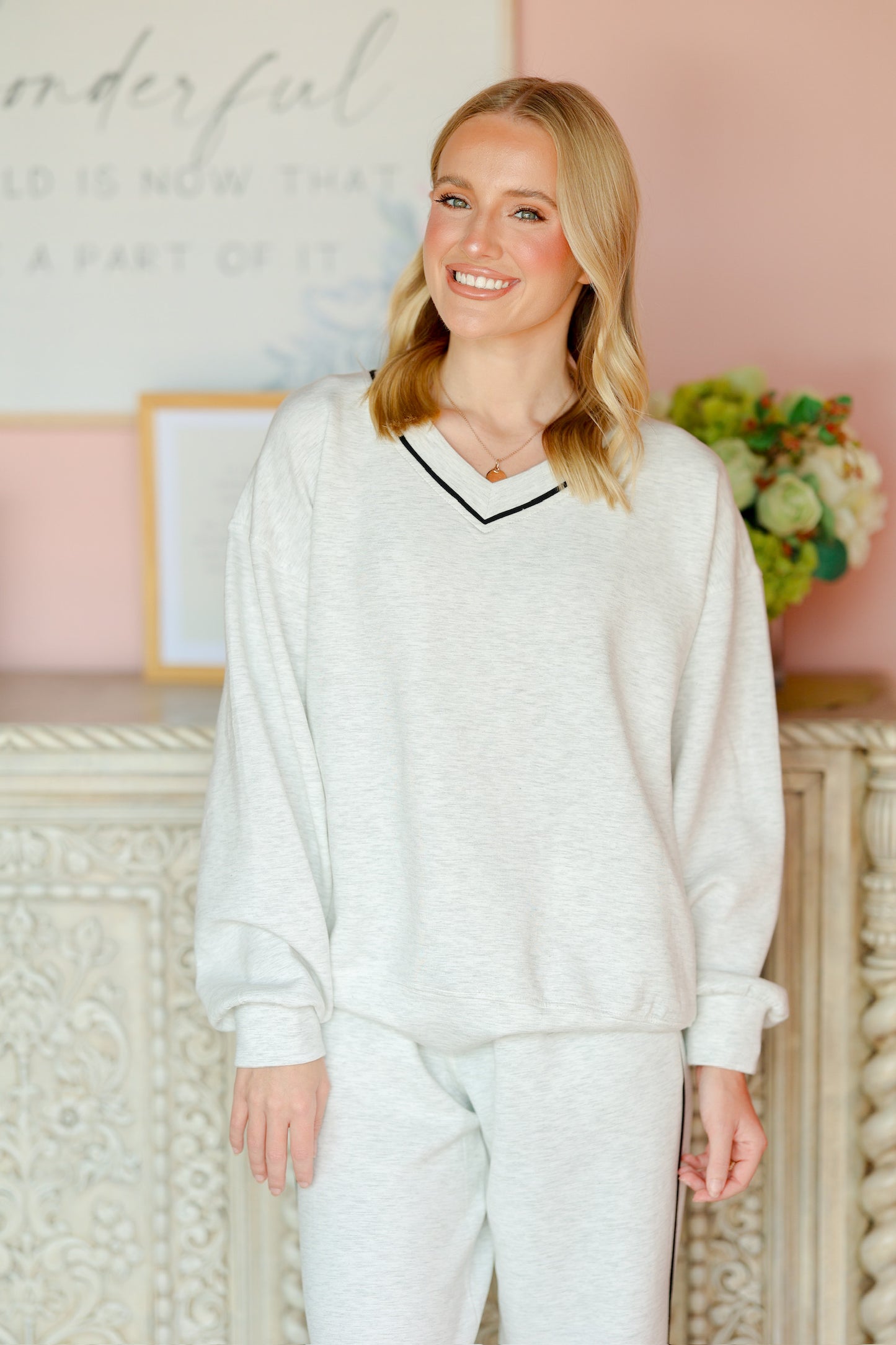 Grey & Black V-Neck Lined Set