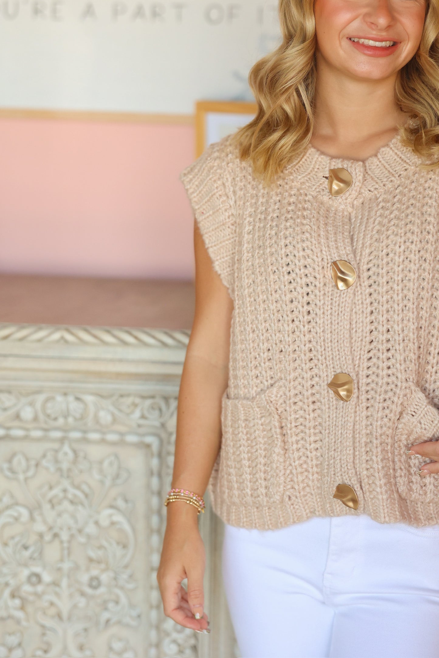 Tan Button Down Sweater Top