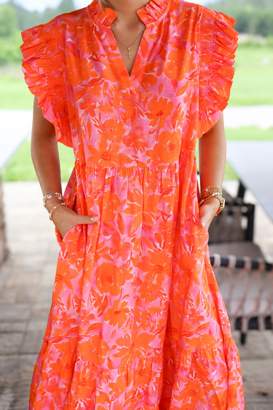 Orange & Pink Midi Dress