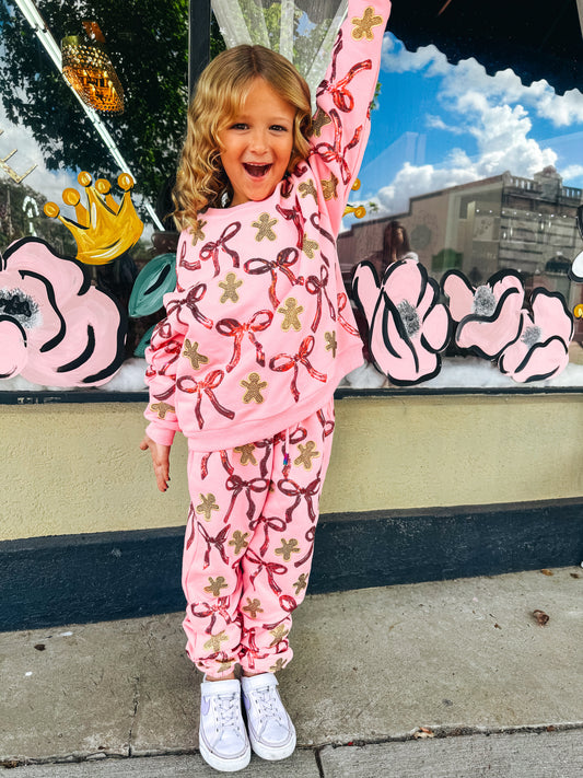 QOS Kids Light Pink Gingerbread Men & Bows Jogger
