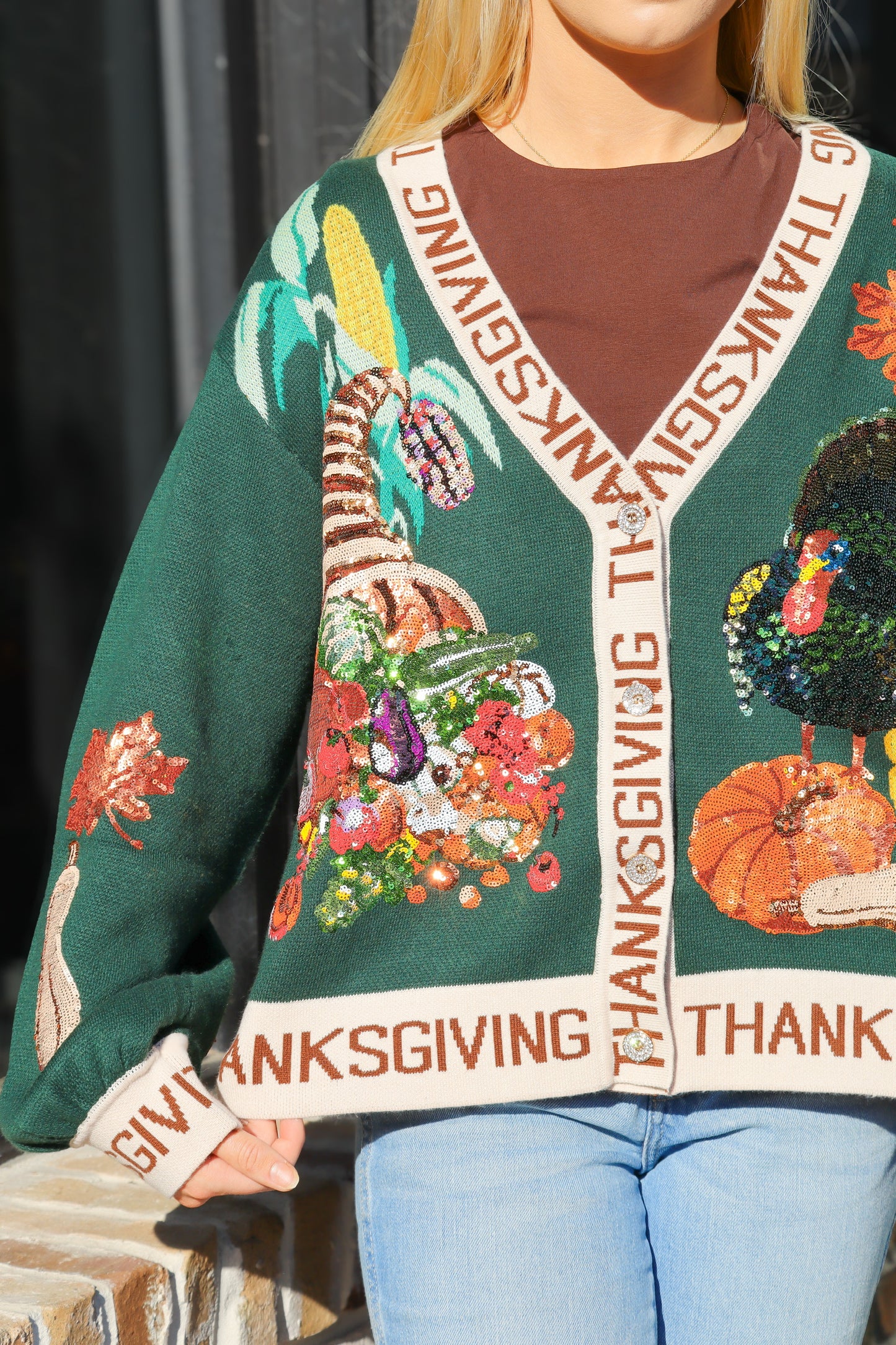 QOS Dark Green Thanksgiving Cardigan