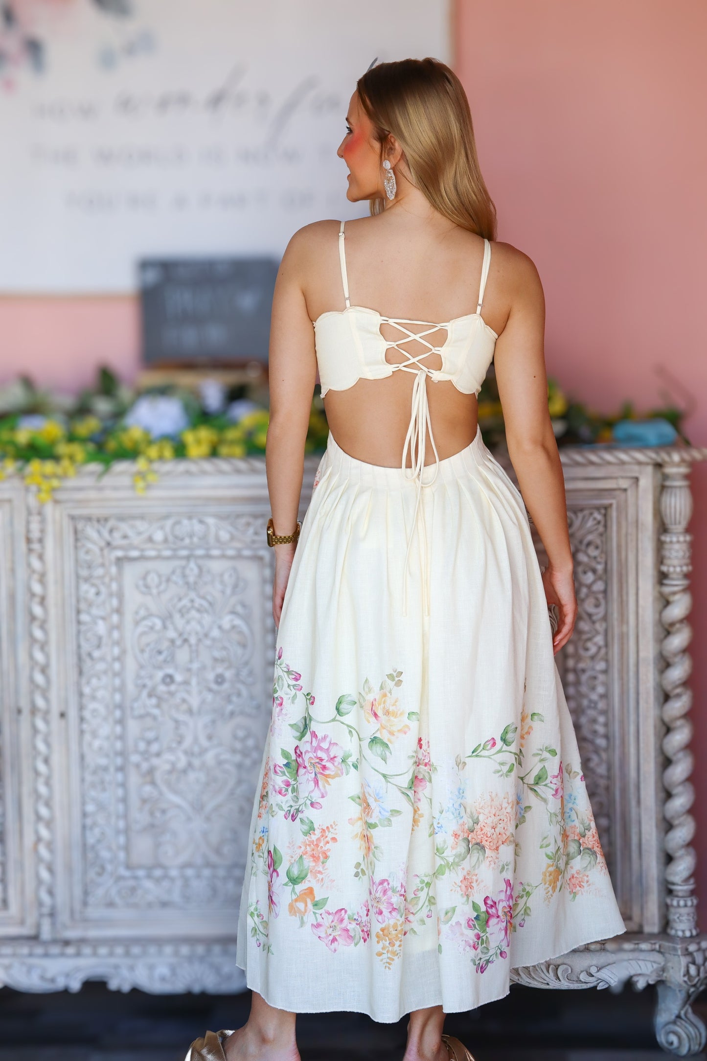 Linen Flower Print Scallop Midi Dress