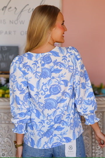 Mary Square Blue and White Long Sleeve Blouse