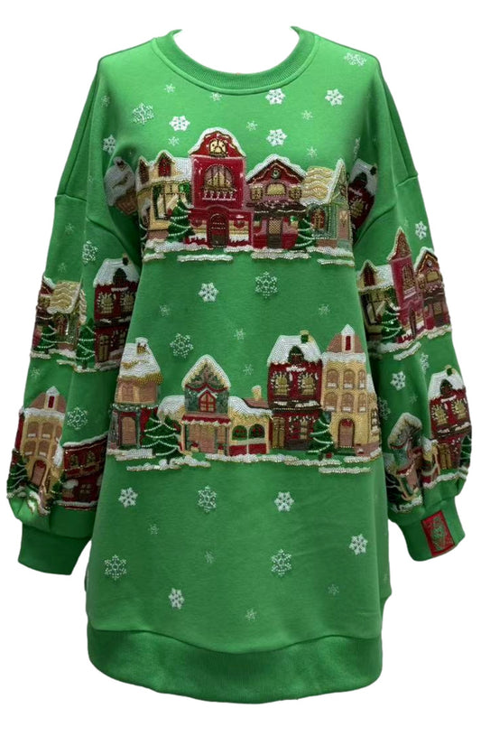 QOS Green Snowy Village Sweatshirt Dress