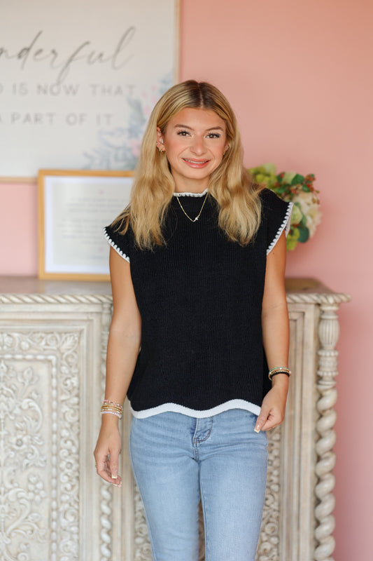 Black Scalloped Sweater Top