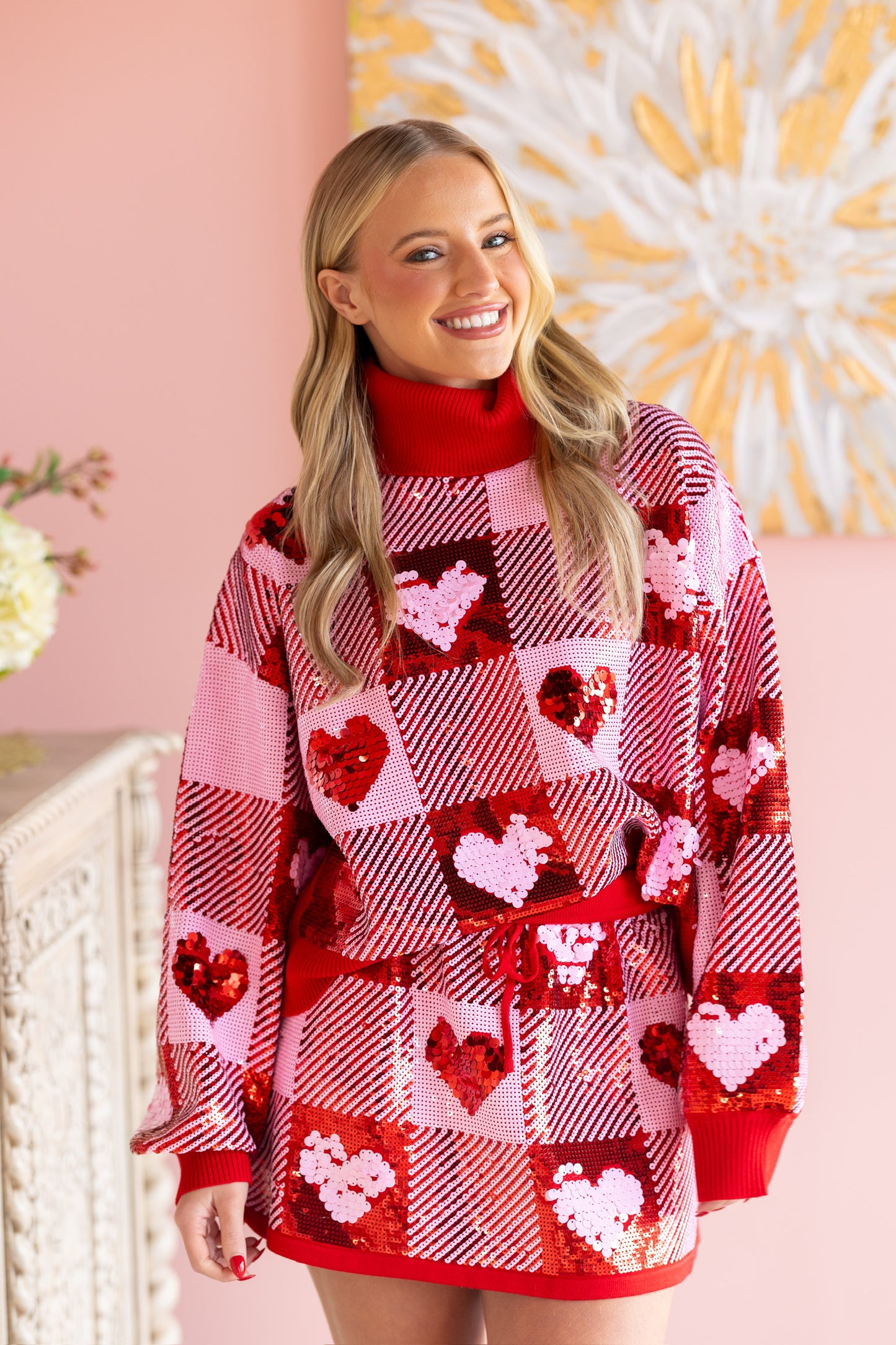 Sequin Hearts Plaid Sweater