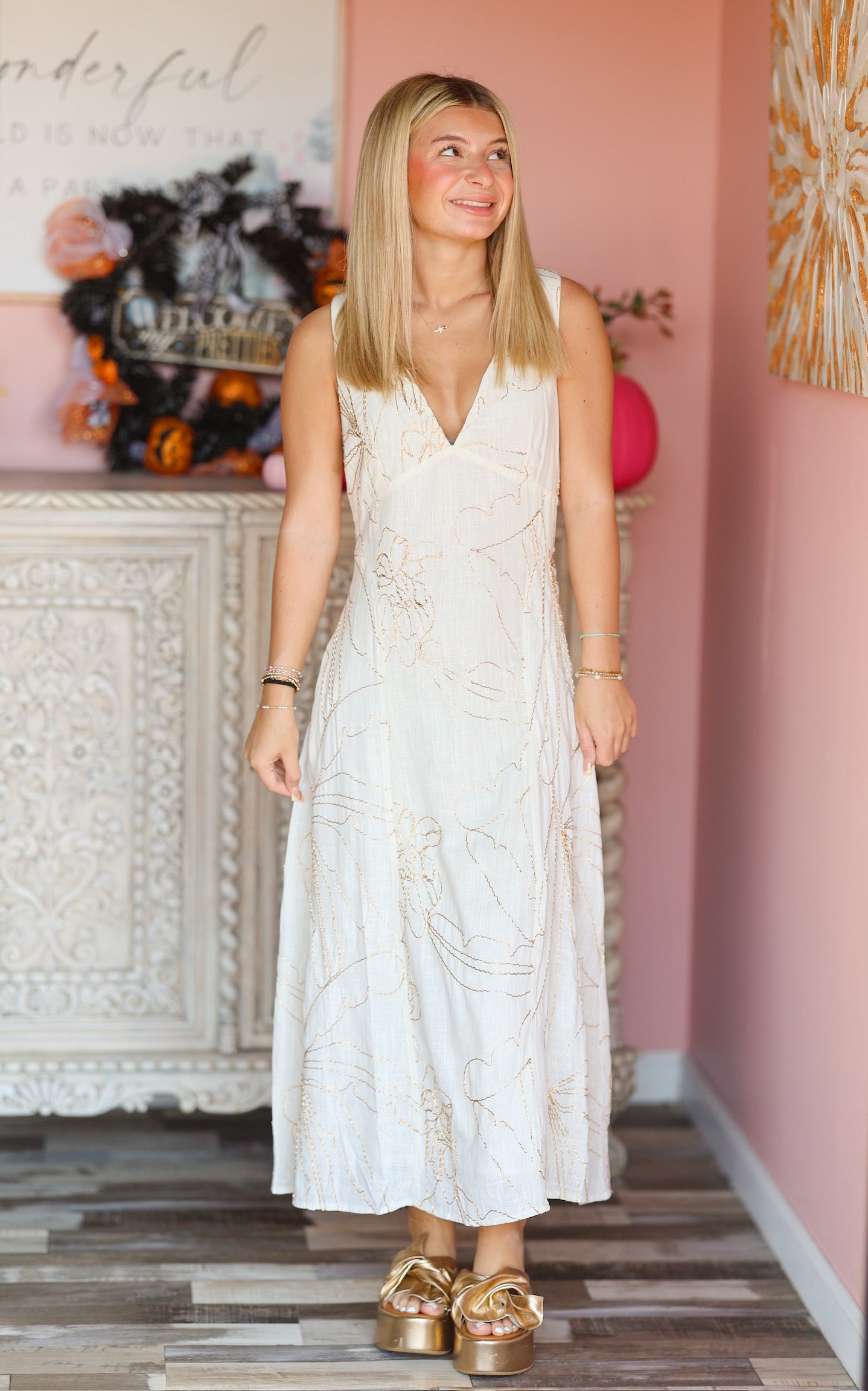Cream & Gold Midi Dress