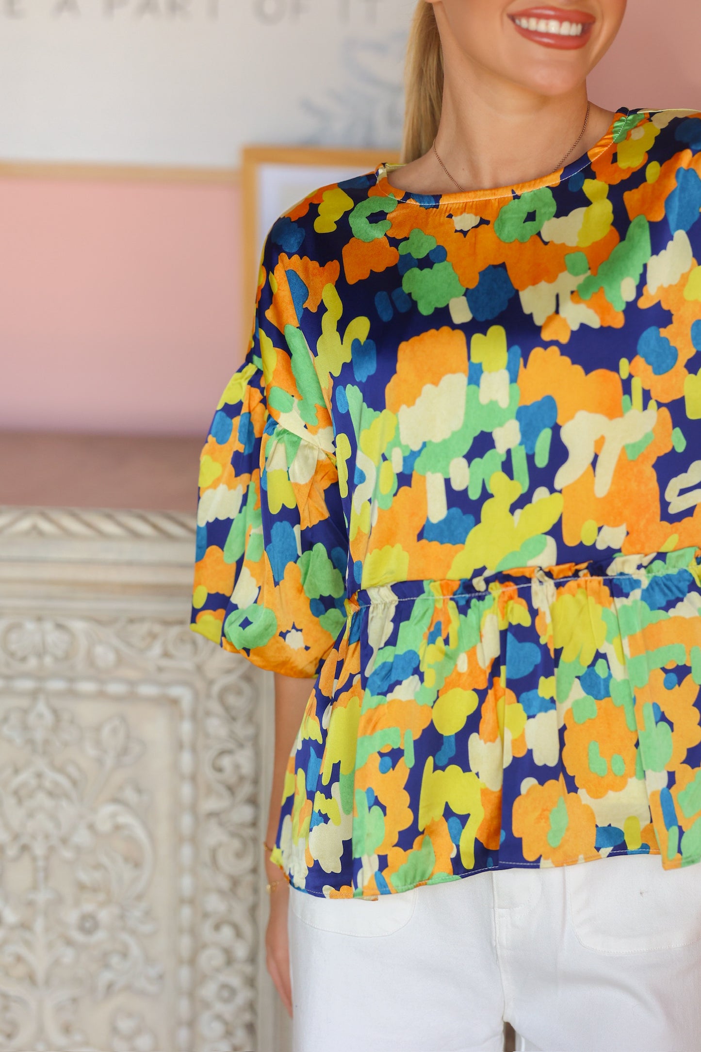 Colorful Printed Silk Bubble Top