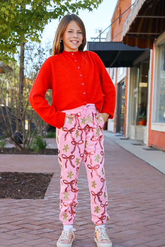 QOS Kids Light Pink Gingerbread Men & Bows Jogger