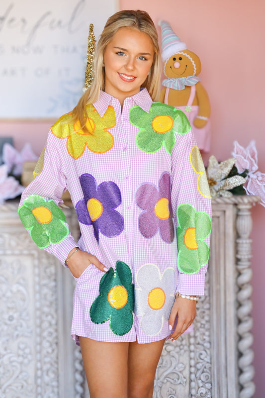 QOS Gingham Oversized Mardi Gras Flower Romper