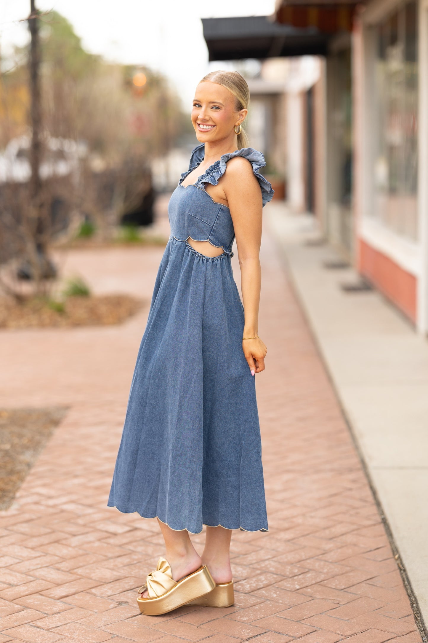 Denim Cut Out Midi Dress