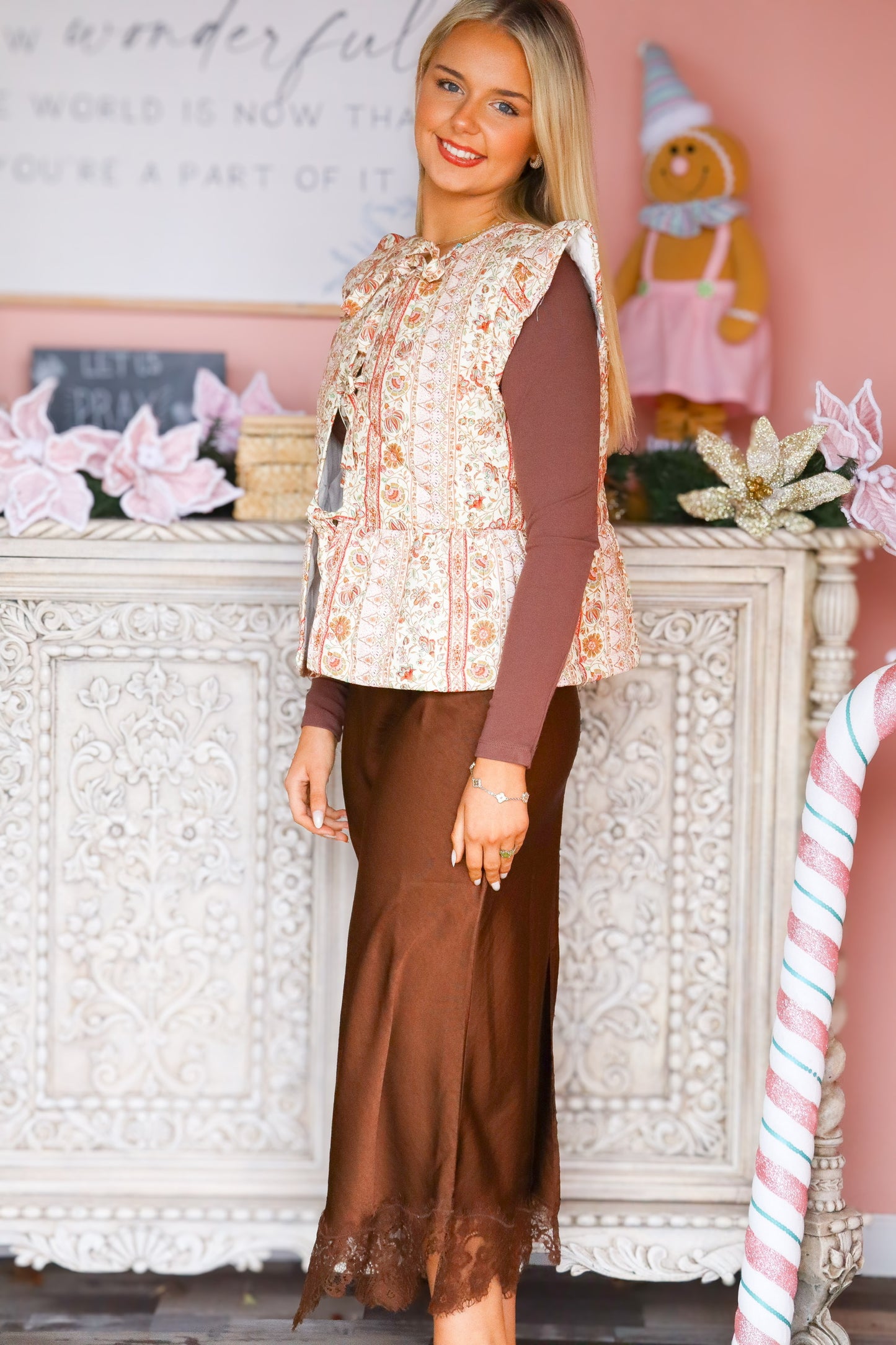 Mocha Lace Trim Midi Skirt