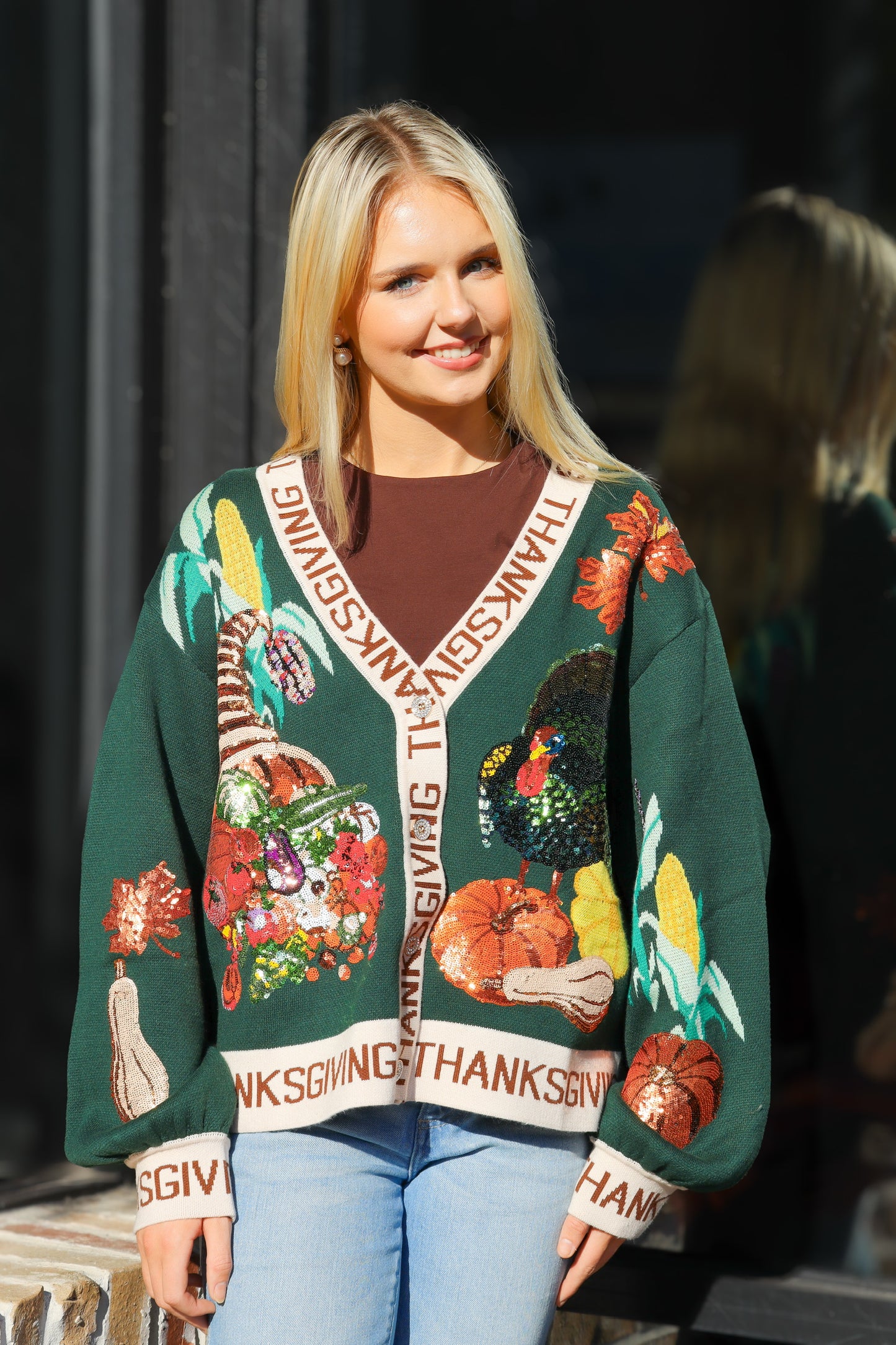 QOS Dark Green Thanksgiving Cardigan