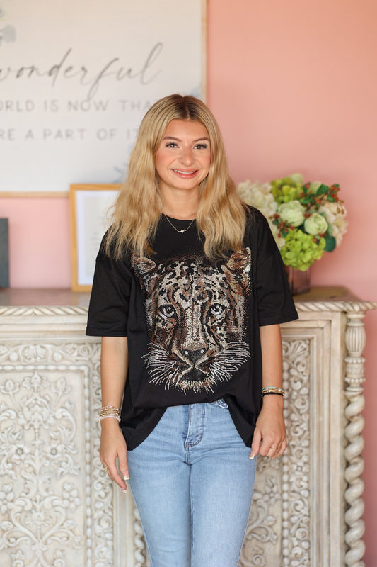 Black Rhinestone Cheetah Tee