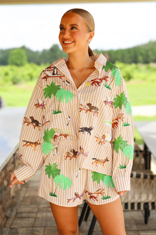 QOS Stripe Dogs Sunbathing Button Up Cotton Top
