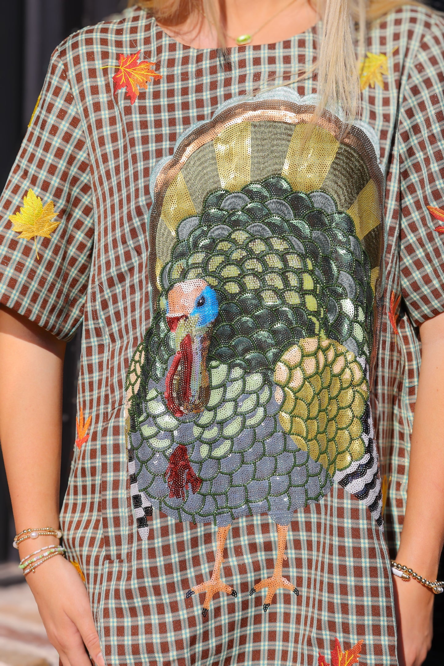 QOS Brown Plaid Turkey Dress