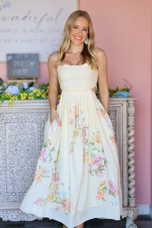 Linen Flower Print Scallop Midi Dress